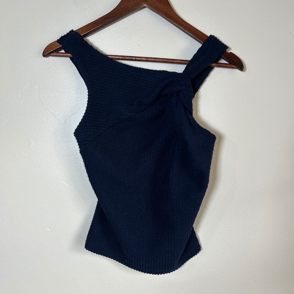 Sunday in Brooklyn Tank Top Women XS Navy Blue Asymmetrical Twist Front Knit‎